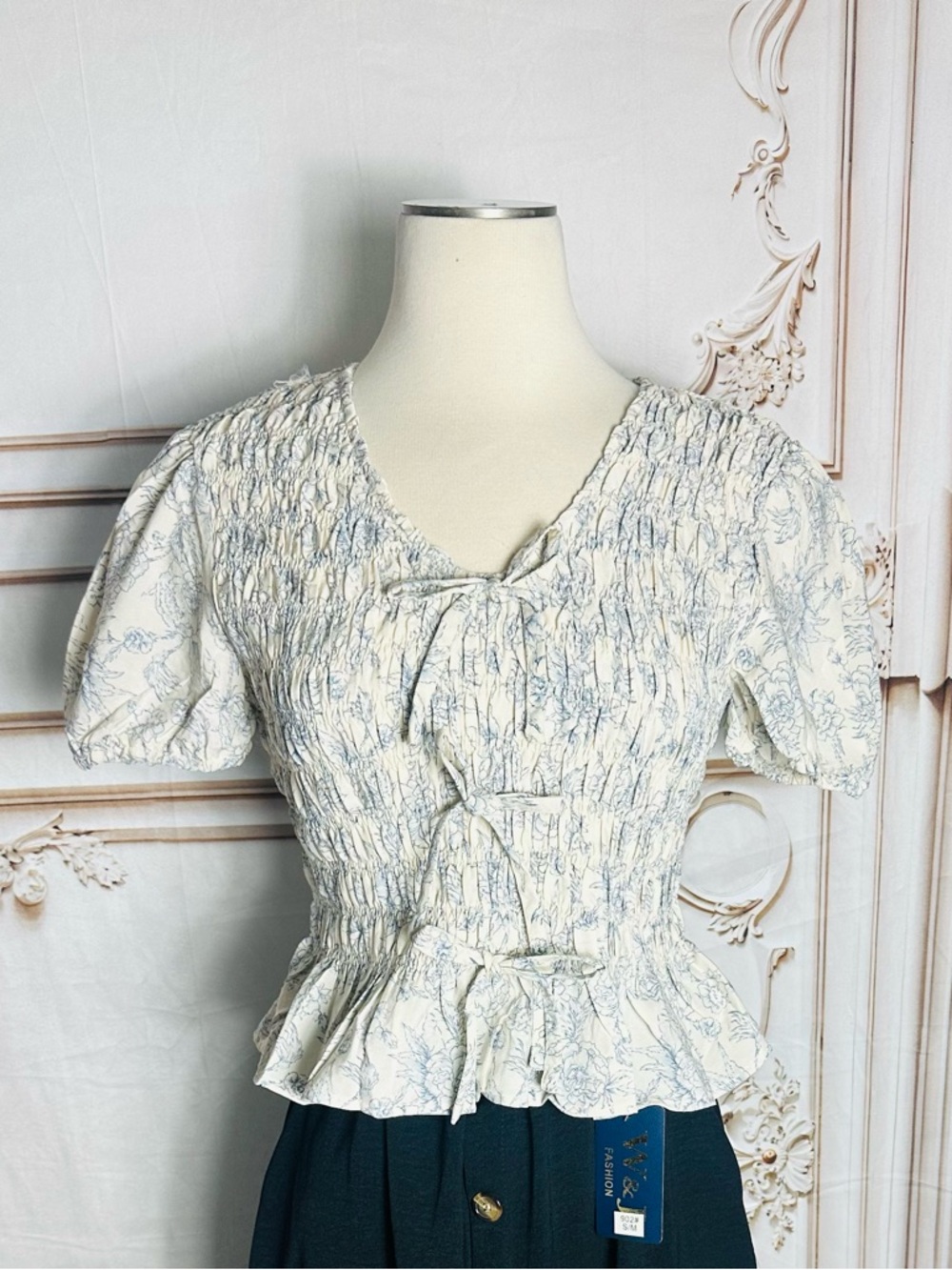 Smocked Puff Sleeve Blouse in Light Blue Floral
